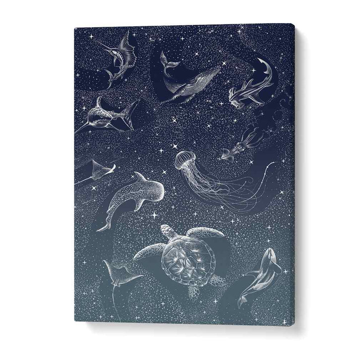 COSMIC OCEAN TURQUOISE GRAD II, SURREAL ART PRINTS features dreamlike marine life in a cosmic setting. Perfect for art lovers!