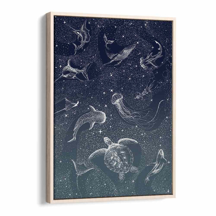 Cosmic Ocean Turquoise Grad II, surreal art prints featuring enchanting marine life by Aliriza Çakır in a floater frame.