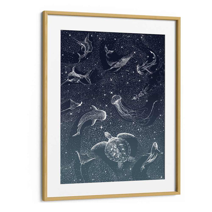 Stunning COSMIC OCEAN TURQUOISE GRAD II, SURREAL ART PRINTS framed in oak, by Aliriza Çakır, showcasing dreamlike marine life.