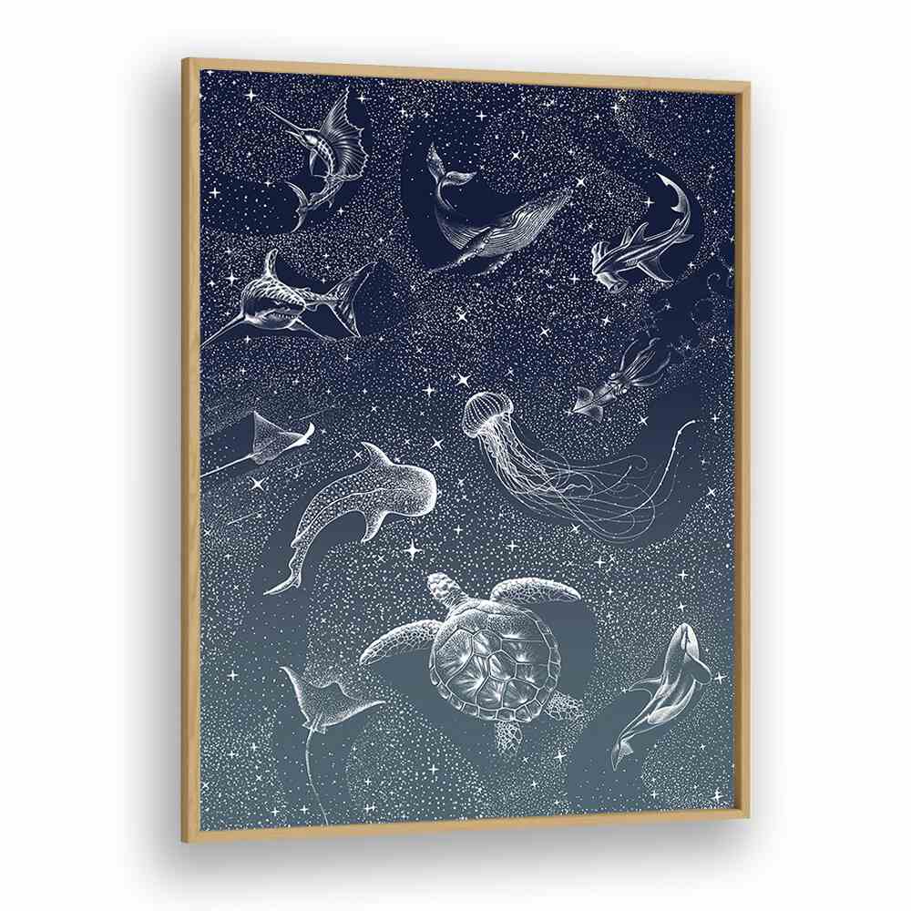 Whimsical sea creatures dance in the Cosmic Ocean Turquoise Grad II, a stunning surreal art print by Aliriza Çakır.