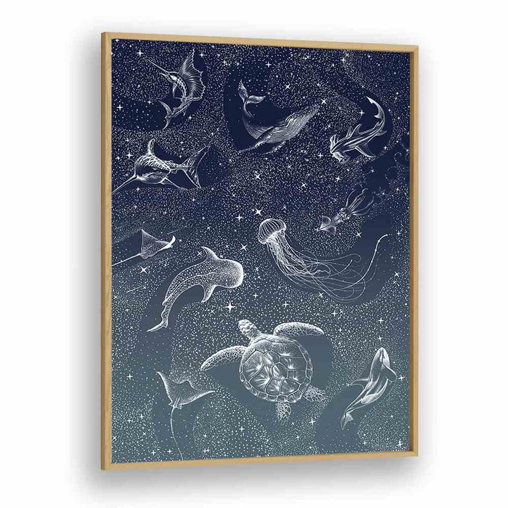 Whimsical sea creatures dance in the Cosmic Ocean Turquoise Grad II, a stunning surreal art print by Aliriza Çakır.