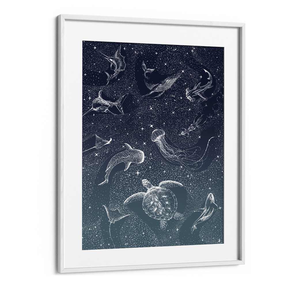 Explore the ethereal beauty of COSMIC OCEAN TURQUOISE GRAD II, SURREAL ART PRINTS by Aliriza Çakır, framed in white.