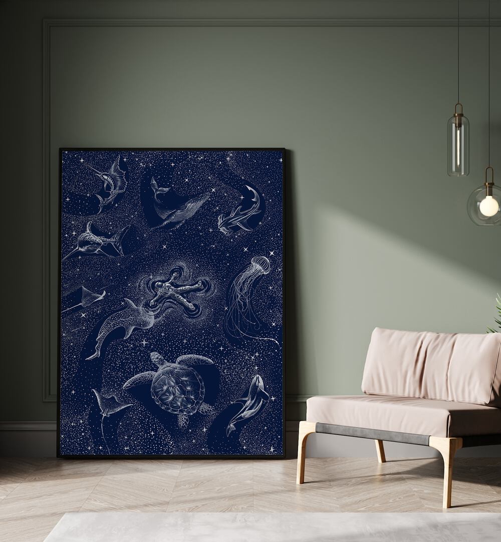 Surreal art print “COSMIC OCEAN WITH ASTRONAUT” by Aliriza Çakır blends cosmic imagery with oceanic wonders.