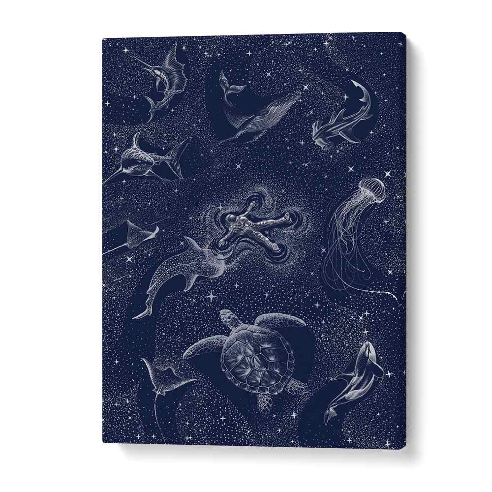 Surreal art print "COSMIC OCEAN WITH ASTRONAUT" by Aliriza Çakır blends cosmic wonders with oceanic beauty.