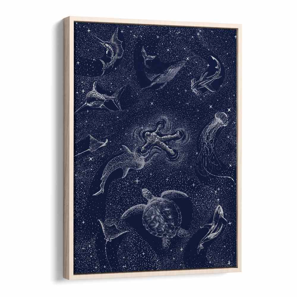 Surreal art print "COSMIC OCEAN WITH ASTRONAUT" by Aliriza Çakır merges ocean depths and cosmic wonders.