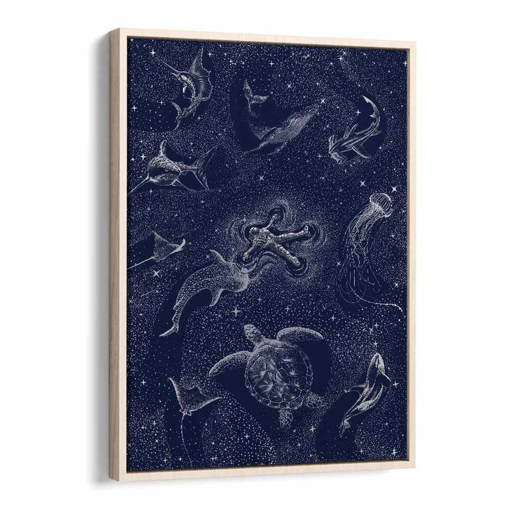 Surreal art print "COSMIC OCEAN WITH ASTRONAUT" by Aliriza Çakır merges ocean depths and cosmic wonders.