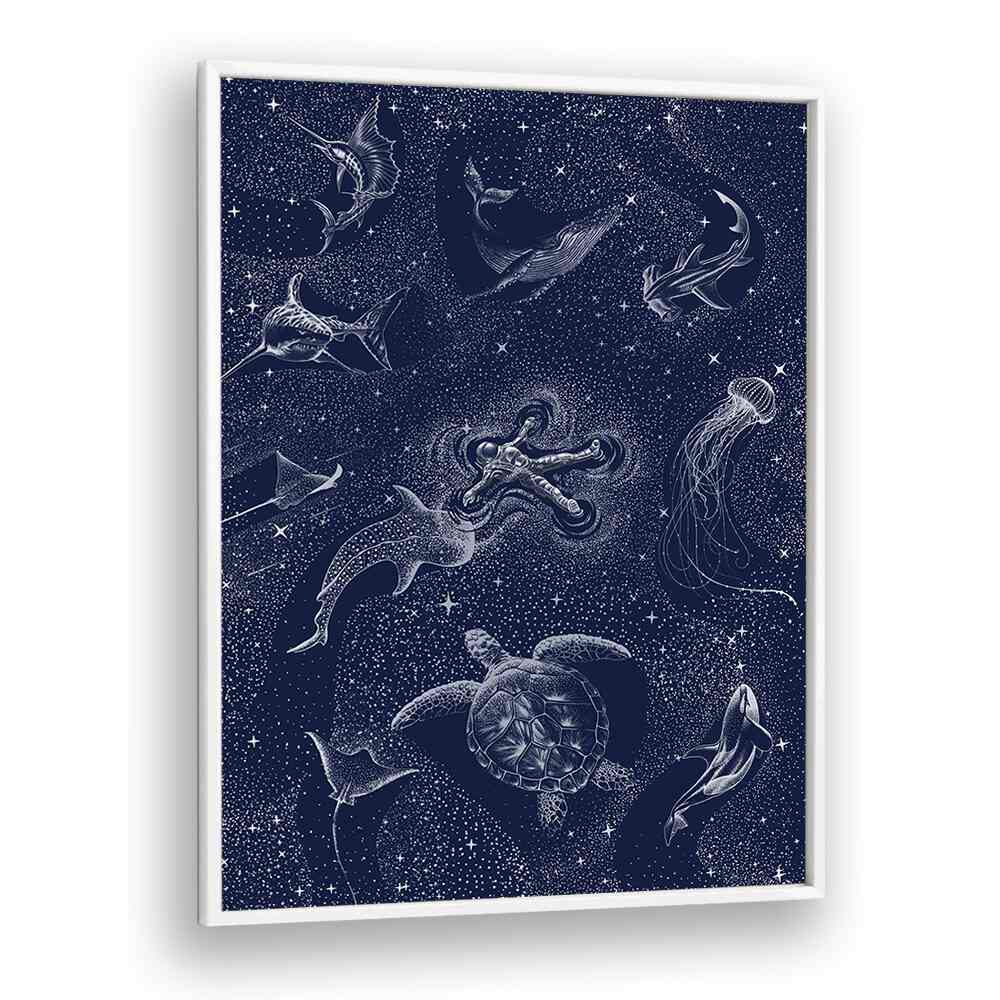 Surreal art print "COSMIC OCEAN WITH ASTRONAUT" by Aliriza Çakır merges cosmic wonders with oceanic beauty.