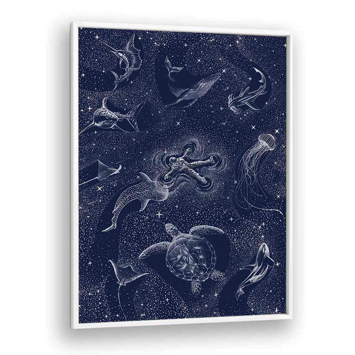 Surreal art print "COSMIC OCEAN WITH ASTRONAUT" by Aliriza Çakır merges cosmic wonders with oceanic beauty.