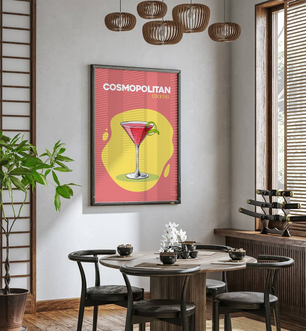 Cosmopolitan Cocktail I Cafe Art Prints Cafe Posters in Black Plain Frame placed on a wall in a dining room area beside a window and behind a dining table