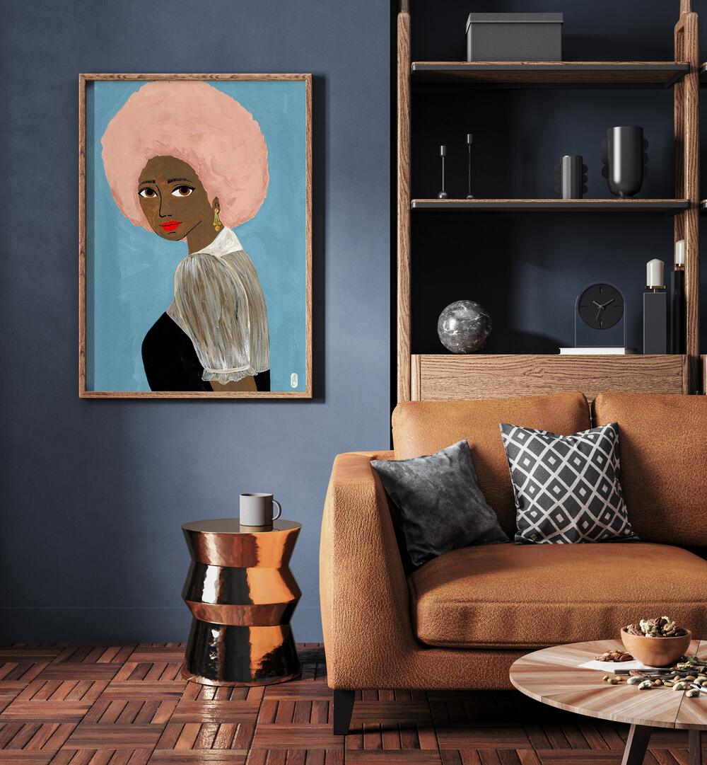 Cotton Candy Dream by Dianne Nicole Fernando Women Illustrations paintings in Oak Wood Plain Frame placed on a wall beside a shelf