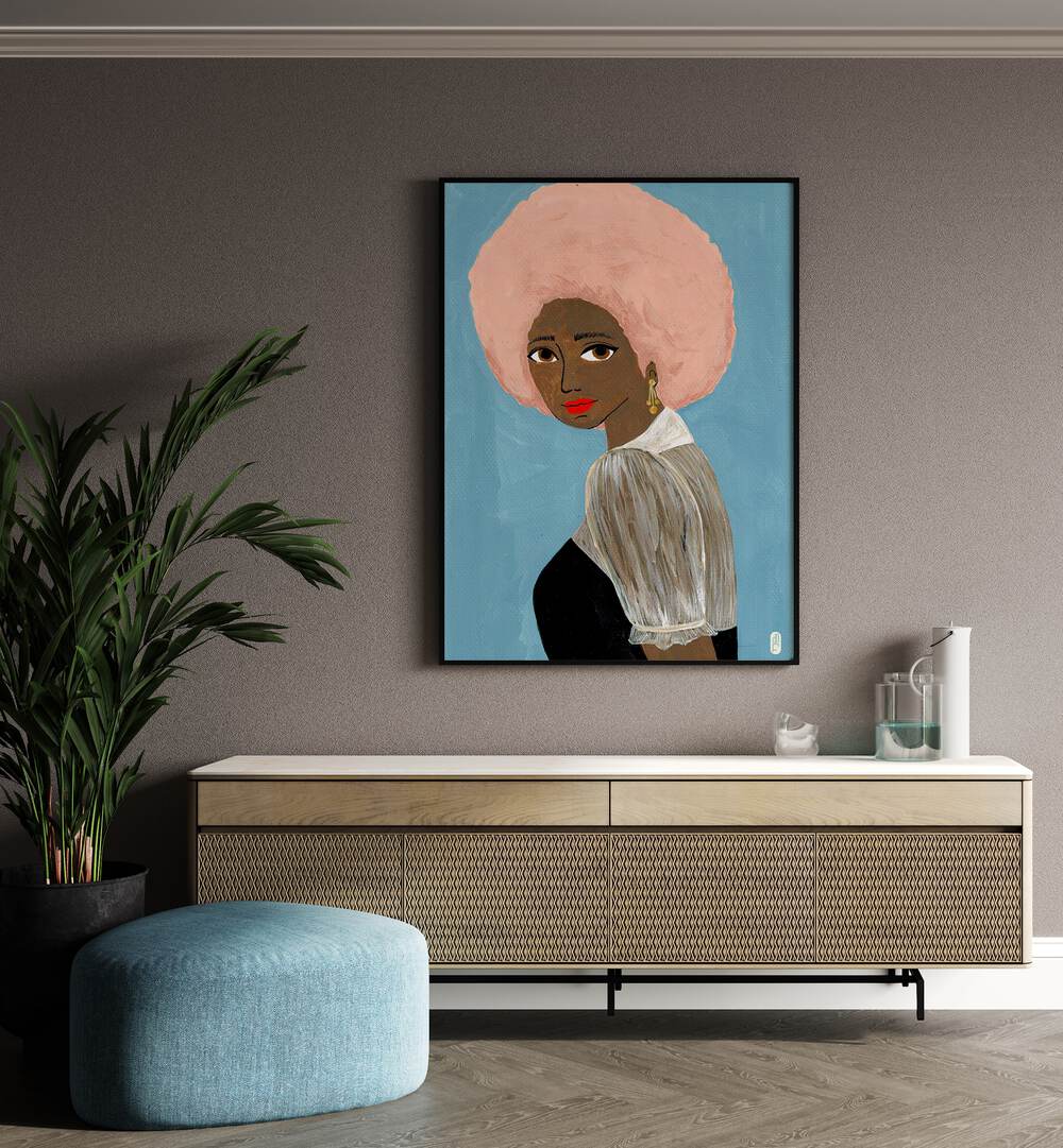 Cotton Candy Dream by Dianne Nicole Fernando Women Illustrations paintings in Black Plain Frame placed on a wall behind a console table