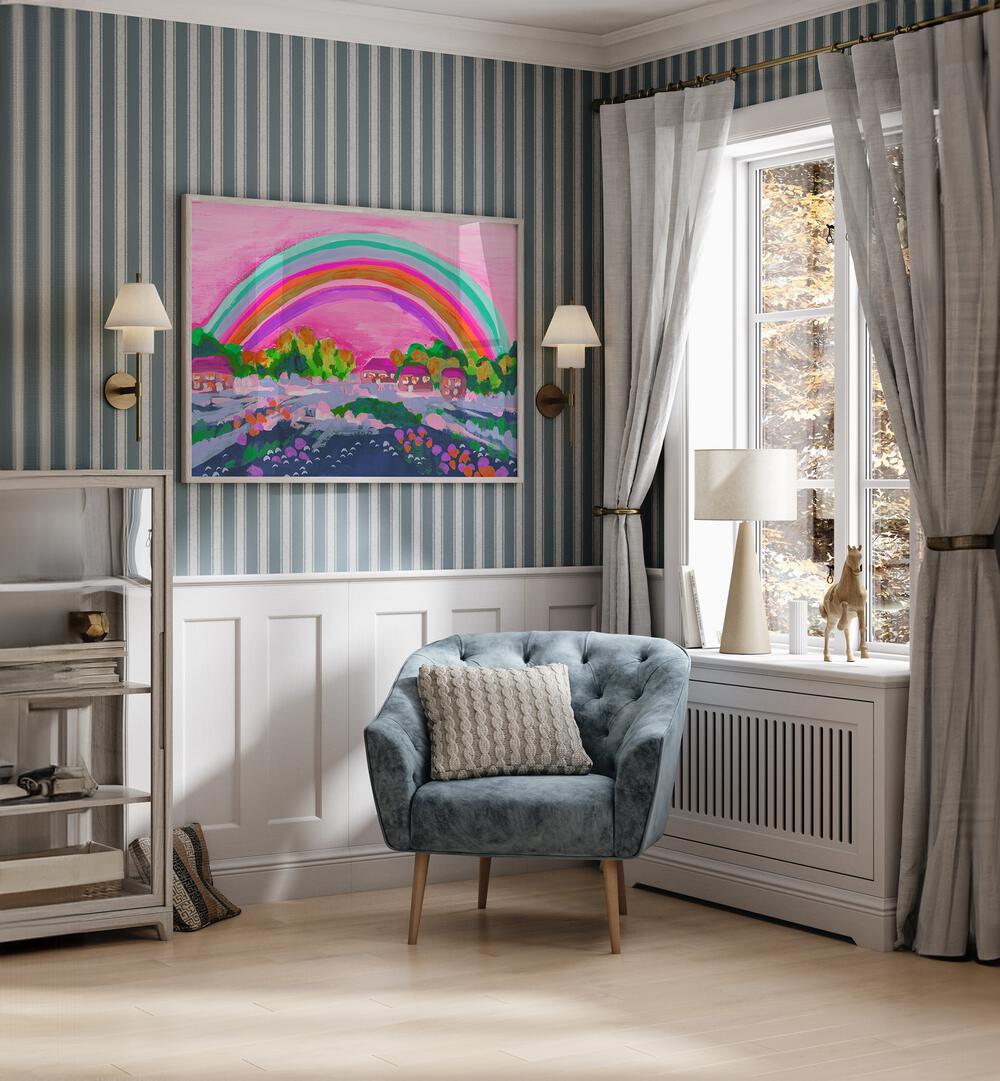 Countryside Rainbow On Pink By Ania Zwara Kids Room Paintings Kids Room Wallart in Oak Wood Plain Frame placed on a Blue & White Colored Wall in the Drawing Room