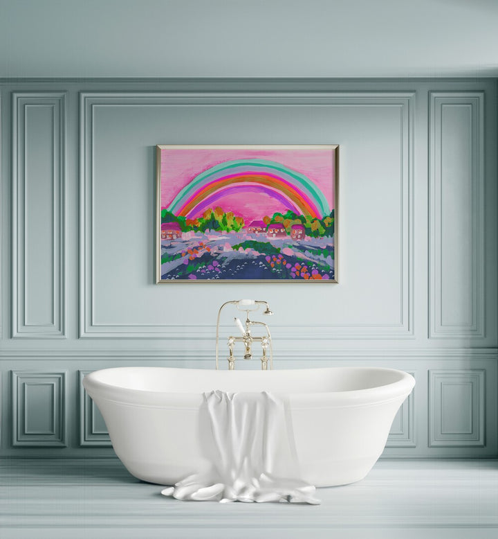 Countryside Rainbow On Pink By Ania Zwara Kids Room Paintings Kids Room Wallart in Gold Plain Frame placed on a Light Blue Colored Wall near a Bathtub in the Bathroom