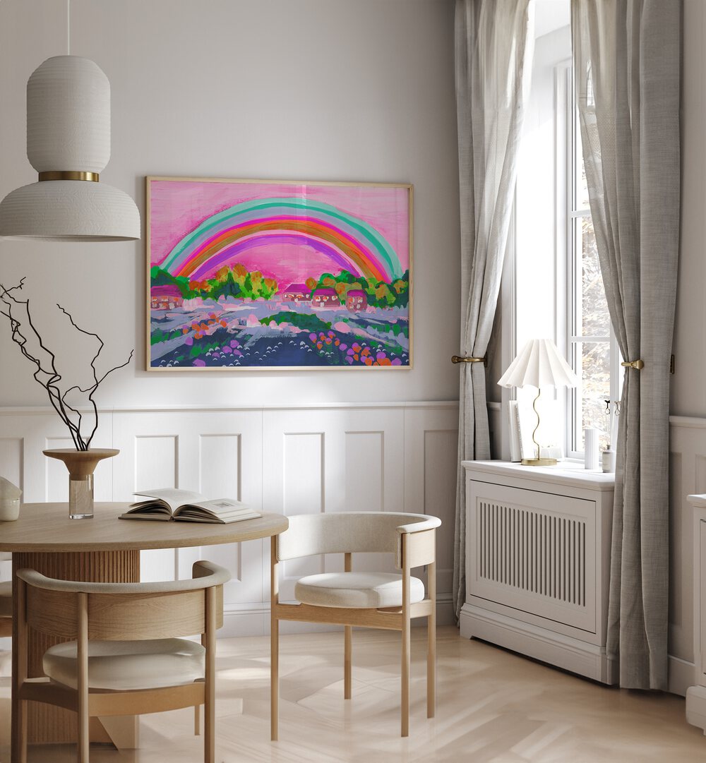 Countryside Rainbow On Pink By Ania Zwara Kids Room Paintings Kids Room Wallart in Oak Wood Plain Frame placed on a White Colored Wall near a Coffee Table in the Dining Room 