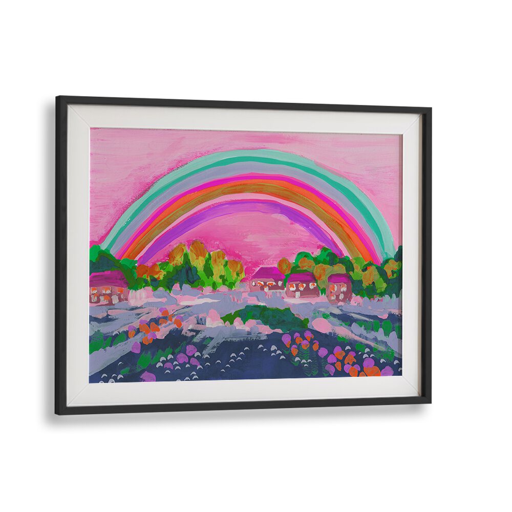 Countryside Rainbow On Pink By Ania Zwara Kids Room Paintings Kids Room Wallart in Black Frame With Mount