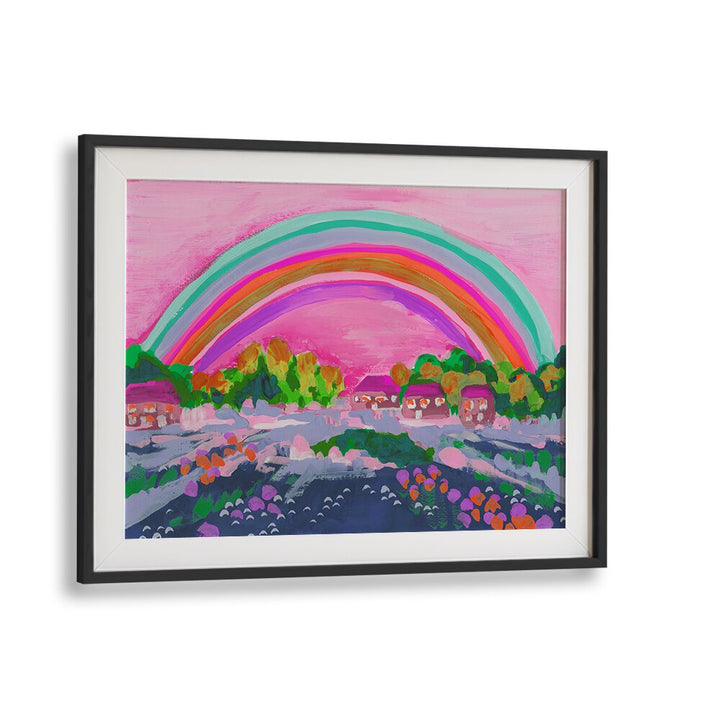 Countryside Rainbow On Pink By Ania Zwara Kids Room Paintings Kids Room Wallart in Black Frame With Mount