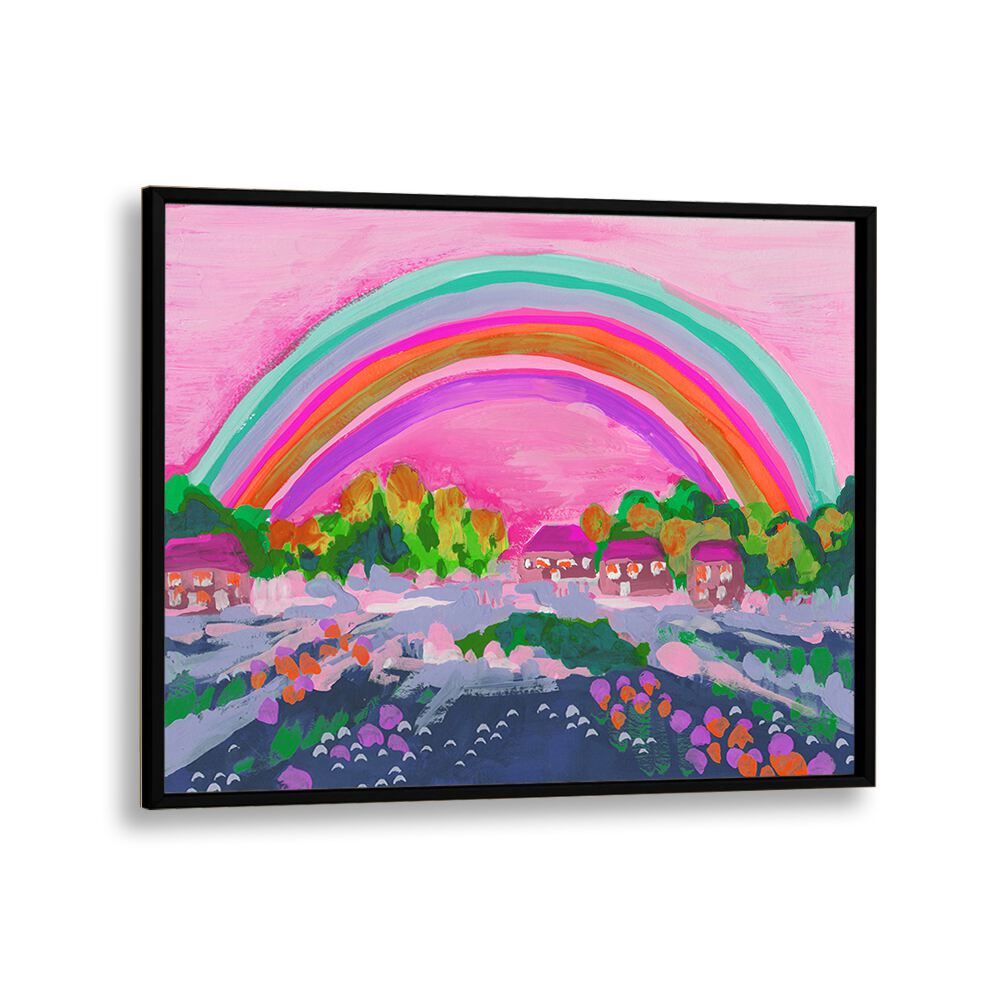 Countryside Rainbow On Pink By Ania Zwara Kids Room Paintings Kids Room Wallart in Black Plain Frame