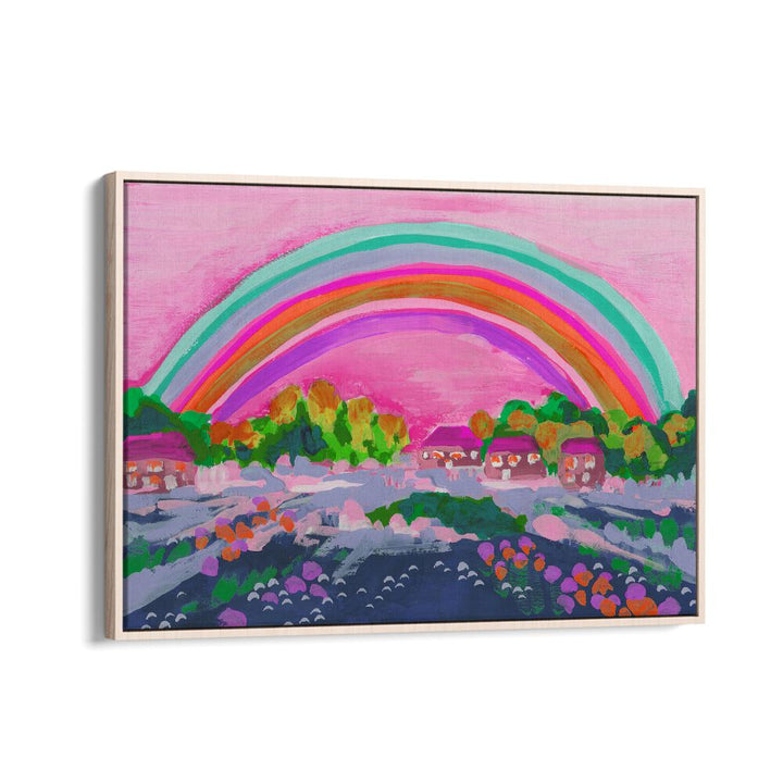 Countryside Rainbow On Pink By Ania Zwara Kids Room Paintings Kids Room Wallart in Oak Wood Floater Frame