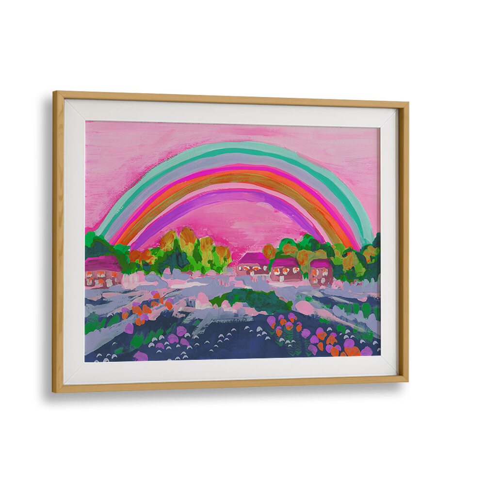 Countryside Rainbow On Pink By Ania Zwara Kids Room Paintings Kids Room Wallart in Oak Wood Frame With Mount