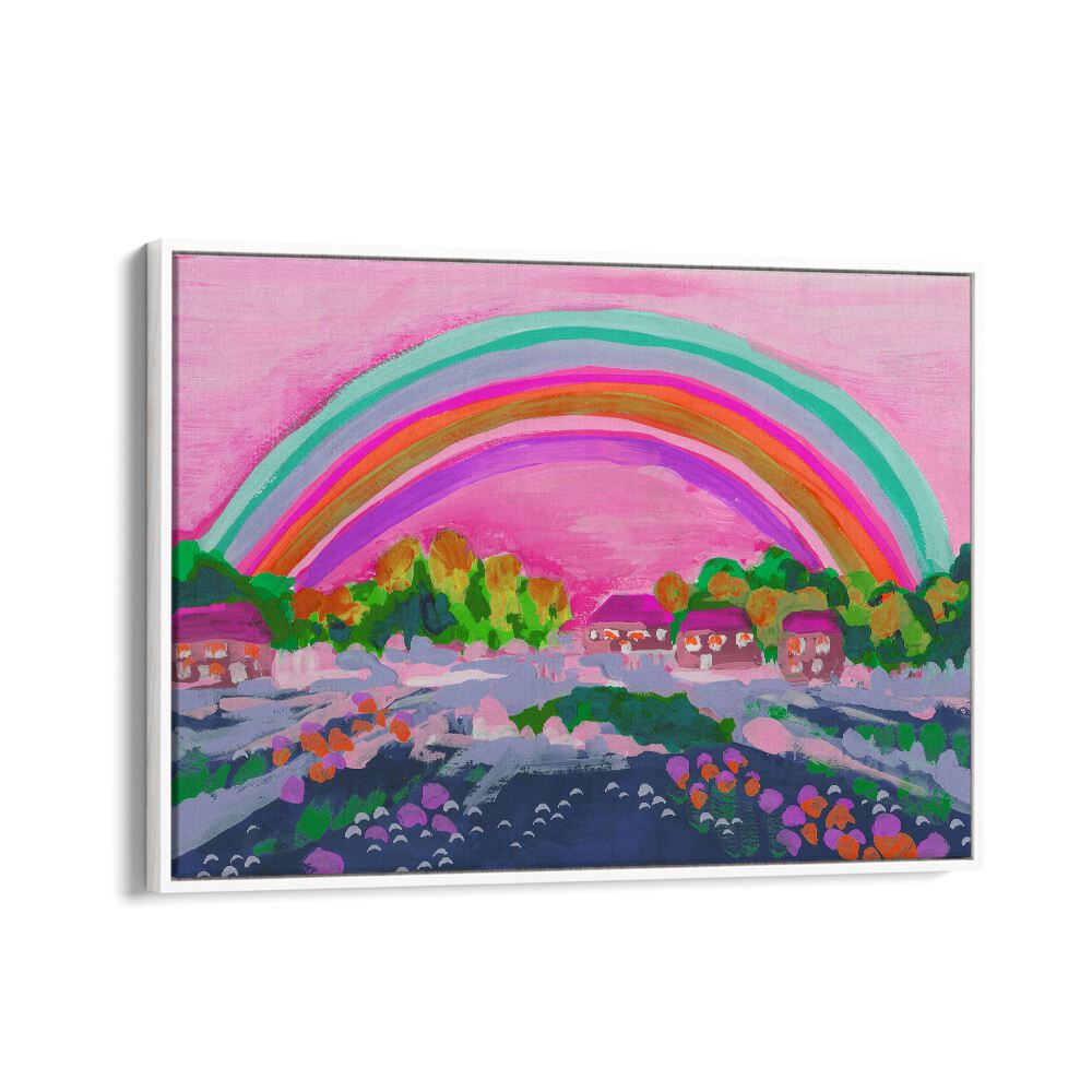 Countryside Rainbow On Pink By Ania Zwara Kids Room Paintings Kids Room Wallart in White Floater Frame