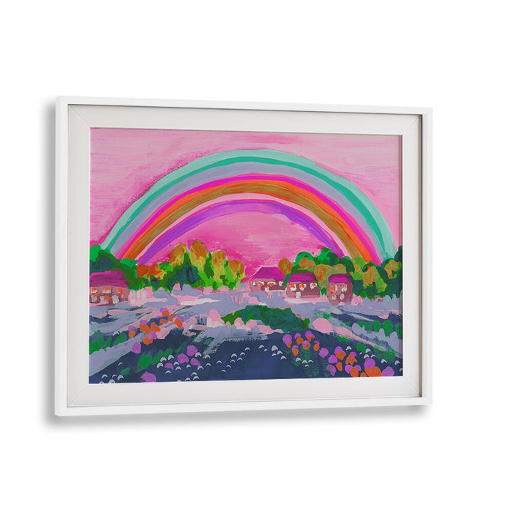 Countryside Rainbow On Pink By Ania Zwara Kids Room Paintings Kids Room Wallart in White Frame With Mount