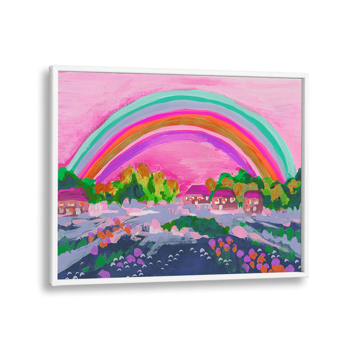 Countryside Rainbow On Pink By Ania Zwara Kids Room Paintings Kids Room Wallart in White Plain Frame