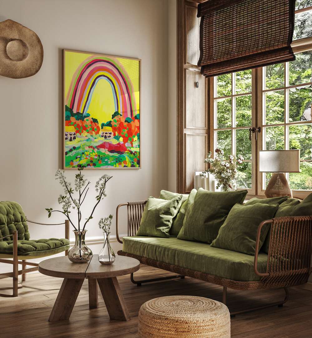 Countryside Rainbow On Yellow By Ania Zwara Botanical Art Prints Floral Paintings in Oak Wood Plain Frame placed on a Cream Colored Wall near a Green Sofa in the Living Room