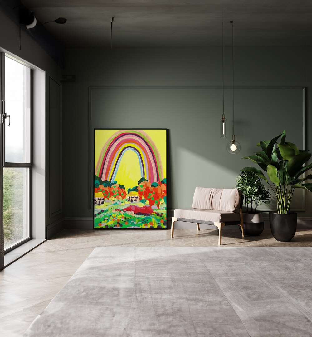 Countryside Rainbow On Yellow By Ania Zwara Botanical Art Prints Floral Paintings in Black Plain Frame placed on the floor near a Green Colored Wall in the Drawing Room