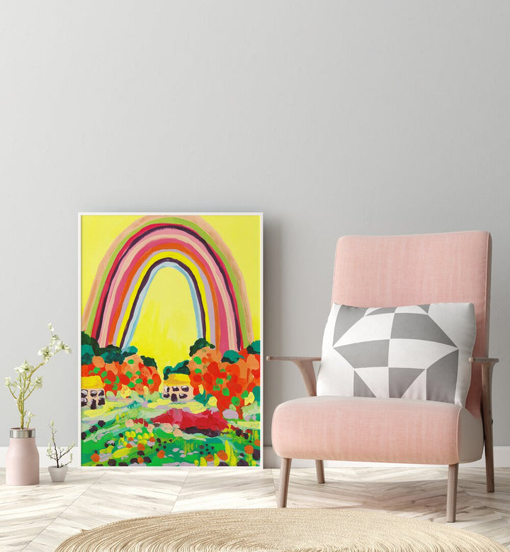 Countryside Rainbow On Yellow By Ania Zwara Botanical Art Prints Floral Paintings in White Plain Frame placed on the floor near a Grey Colored Wall in the Drawing Room