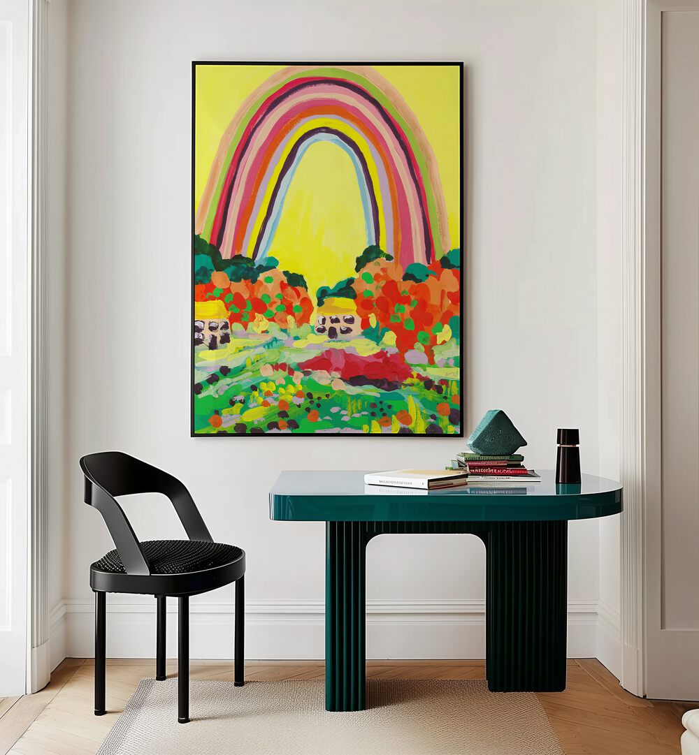 Countryside Rainbow On Yellow By Ania Zwara Botanical Art Prints Floral Paintings in Black Plain Frame placed on a Cream Colored Wall near a Table in a Workspace in the Drawing Room