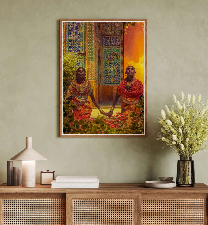 Couple By Cosmo Zach Surreal Art Prints Surrealism in Oak Wood Plain Frame placed on the wall behind a console table