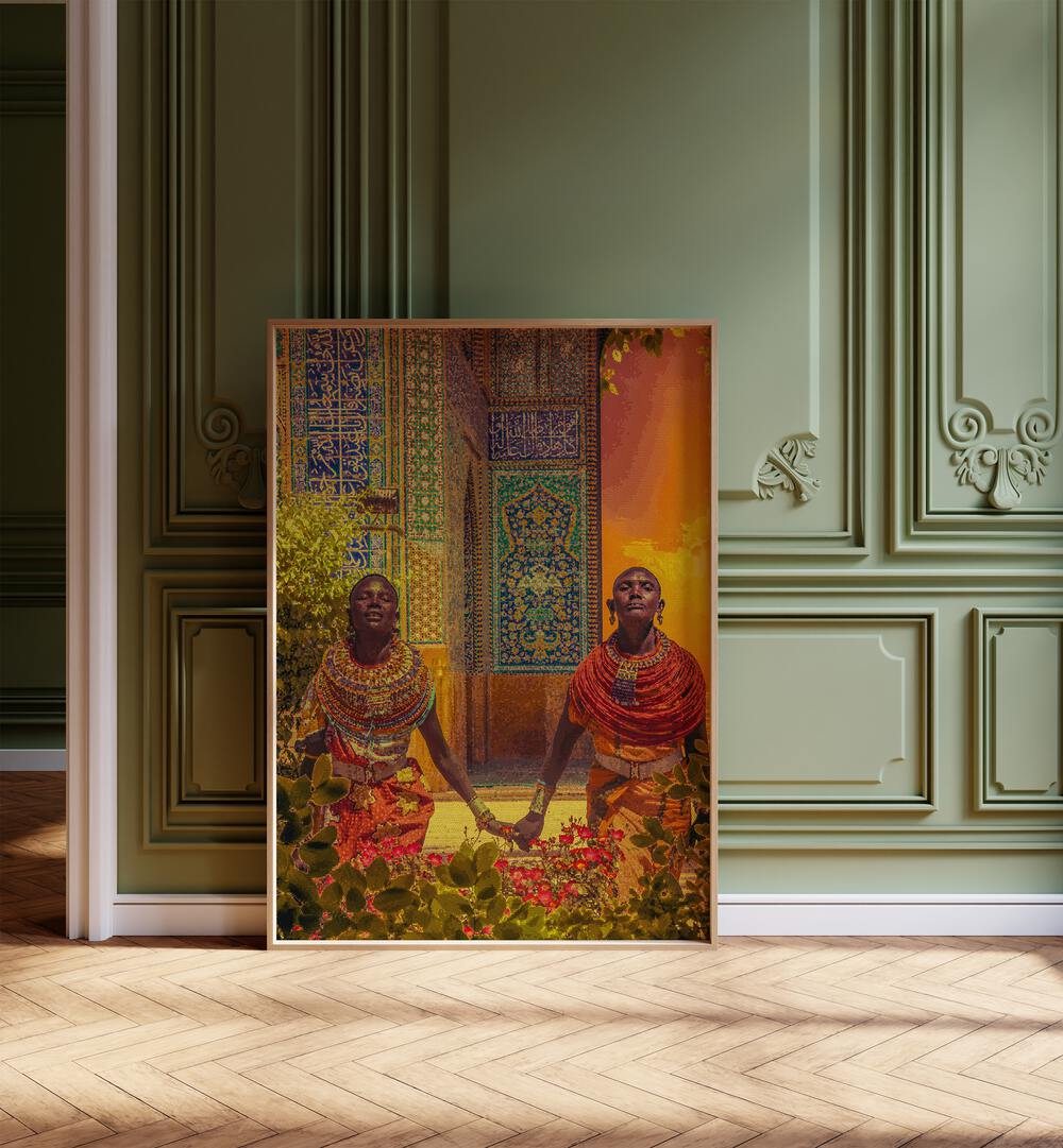 Couple By Cosmo Zach Surreal Art Prints Surrealism in Oak Wood Plain Frame placed on the floor beside a window