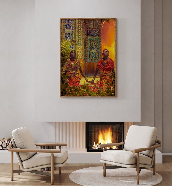 Couple By Cosmo Zach Surreal Art Prints Surrealism in Oak Wood Plain Frame placed on the wall above a fire area behind two chairs