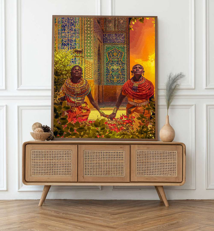 Couple By Cosmo Zach Surreal Art Prints Surrealism in Oak Wood Plain Frame placed on a console table