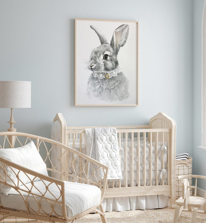 Courtier Bun Kids Room Paintings Kids Room Wall Art in Oak Wood Plain Frame placed on a wall in a kids room behind an infant's bed