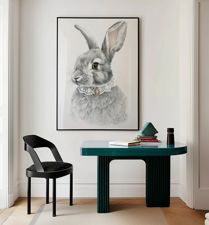 Courtier Bun Kids Room Paintings Kids Room Wall Art in Black Plain Frame placed on a wall behind a study table