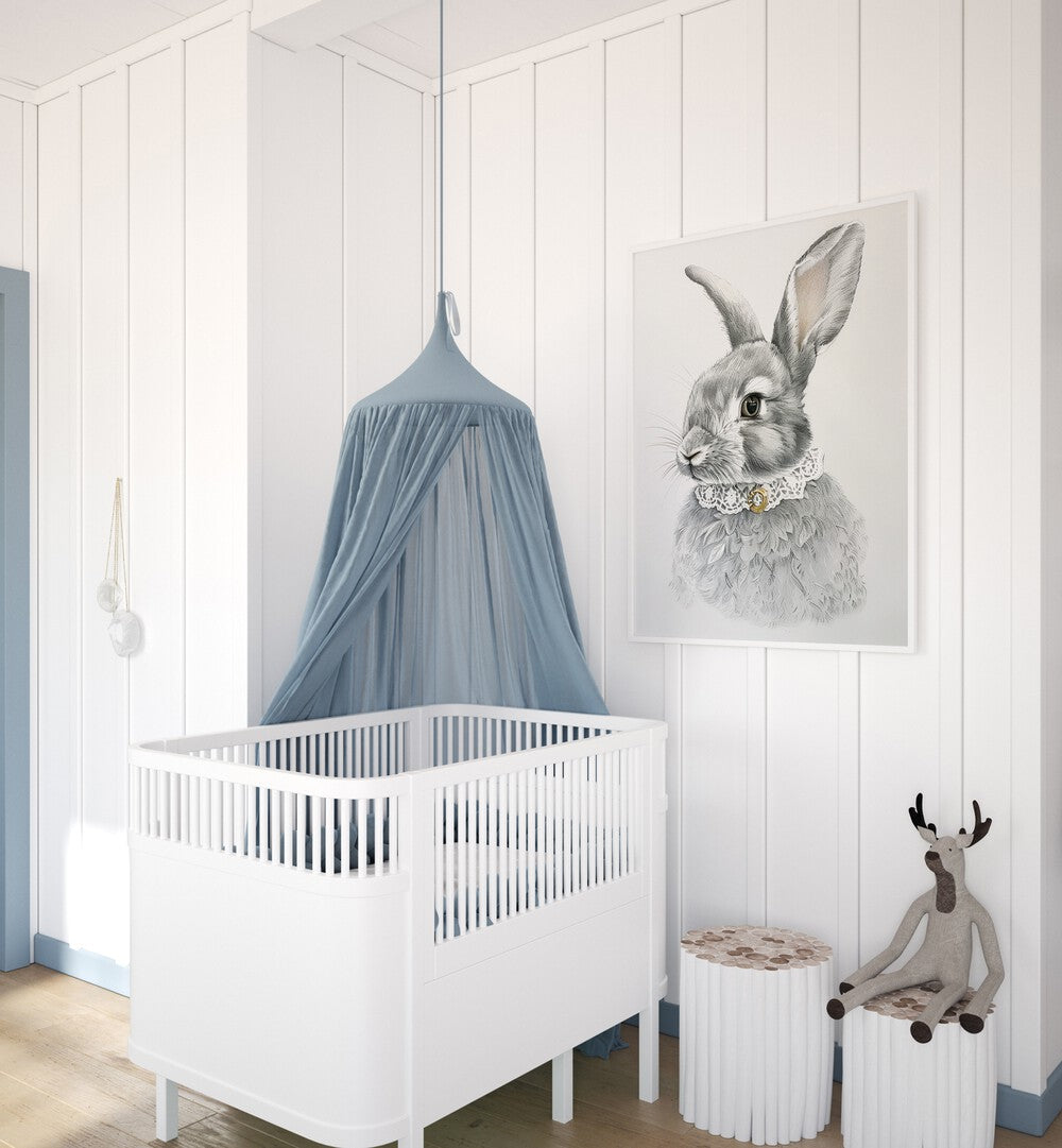 Courtier Bun Kids Room Paintings Kids Room Wall Art in White Plain Frame placed on a wall in a kids room beside an infant's bed