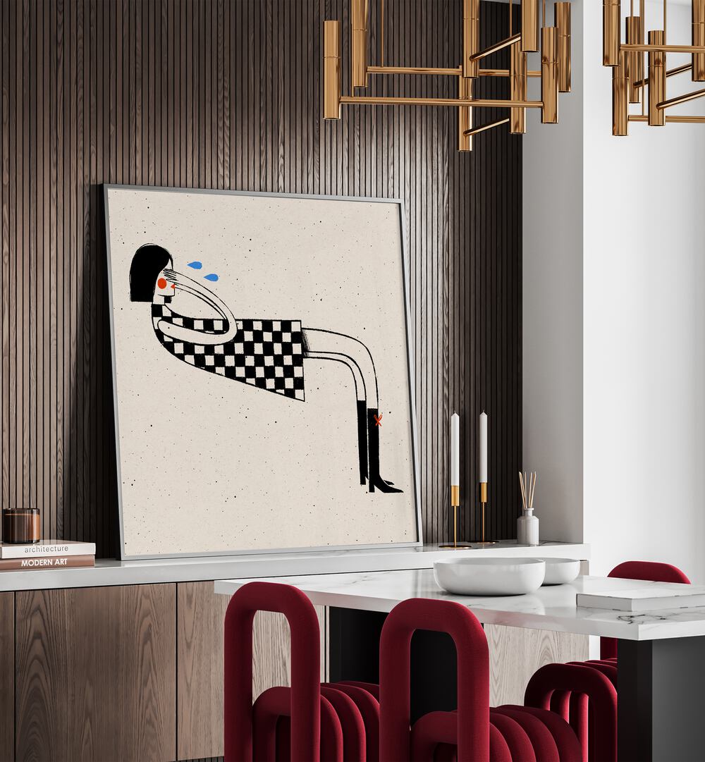 Cover Me By Julia Leister Wall Art Prints in Black Plain Frame placed on a counter behind a dining table