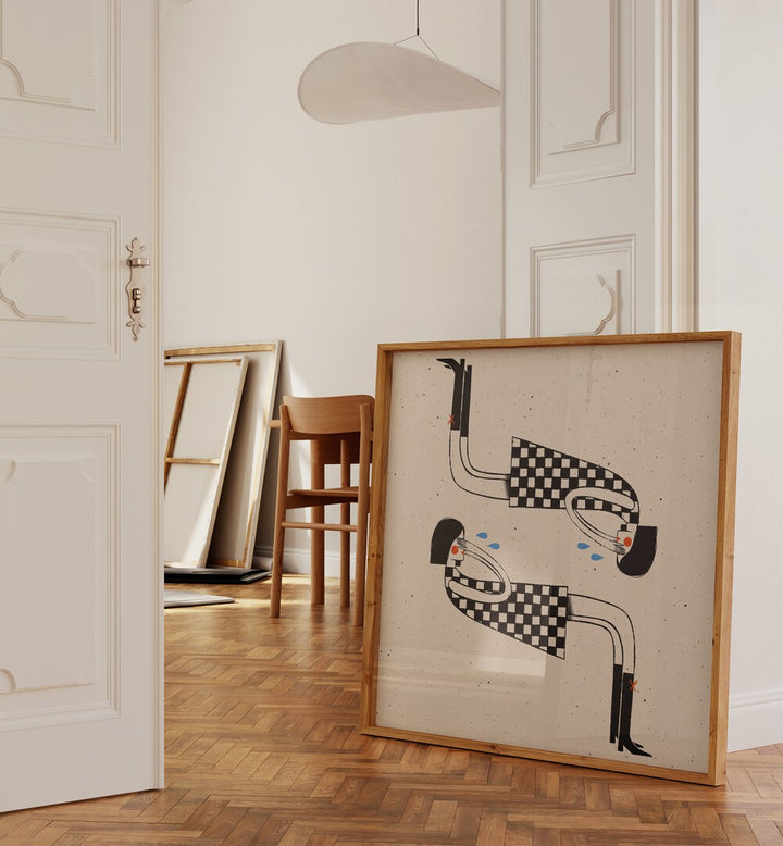 Cover Me II By Julia Leister Wall Art Prints in Oak Wood Plain Frame placed on a floor beside a door