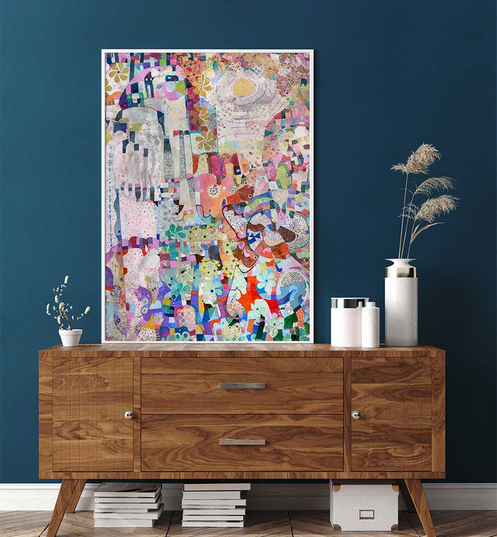 Framed COVID SPRING , ABSTRACT PAINTINGS on teal wall above wood sideboard, vibrant color fields and layered textures