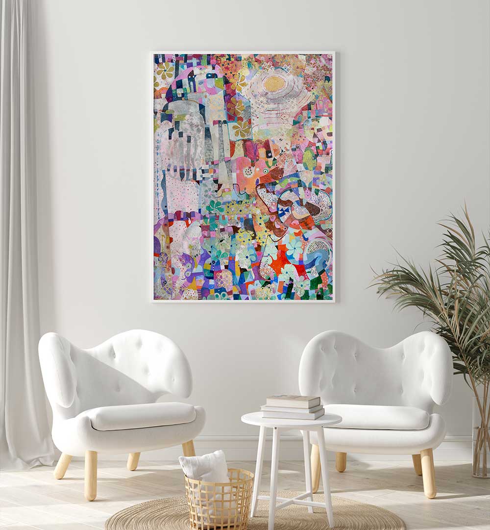 COVID SPRING , ABSTRACT PAINTINGS vibrant layered color fields and textures displayed above seating in a minimalist living room