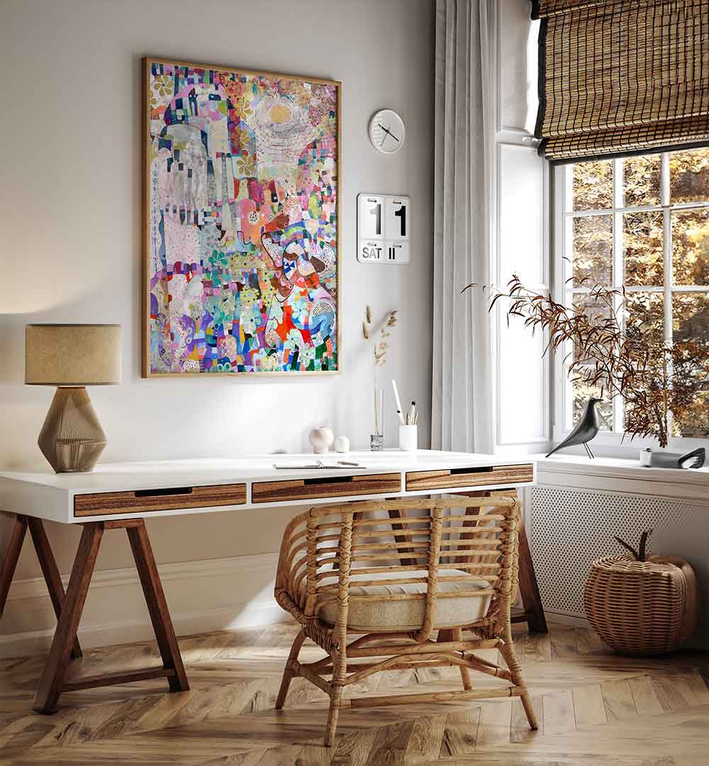 COVID SPRING , ABSTRACT PAINTINGS: vibrant layered color-field artwork above a rattan desk in a sunlit modern home office
