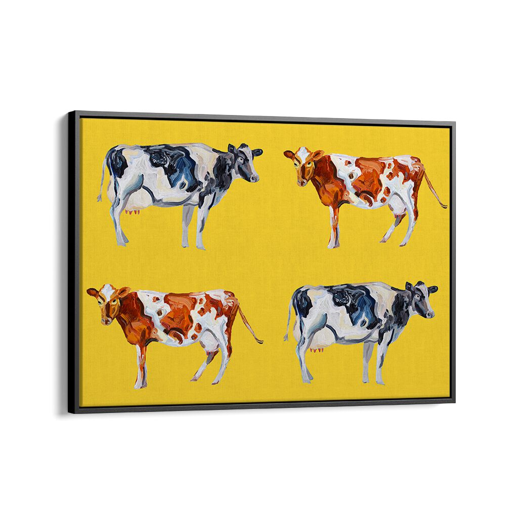 Cow Art on Yellow by Alice Straker Wildlife Paintings Wildlife Posters in Black Floater Frame