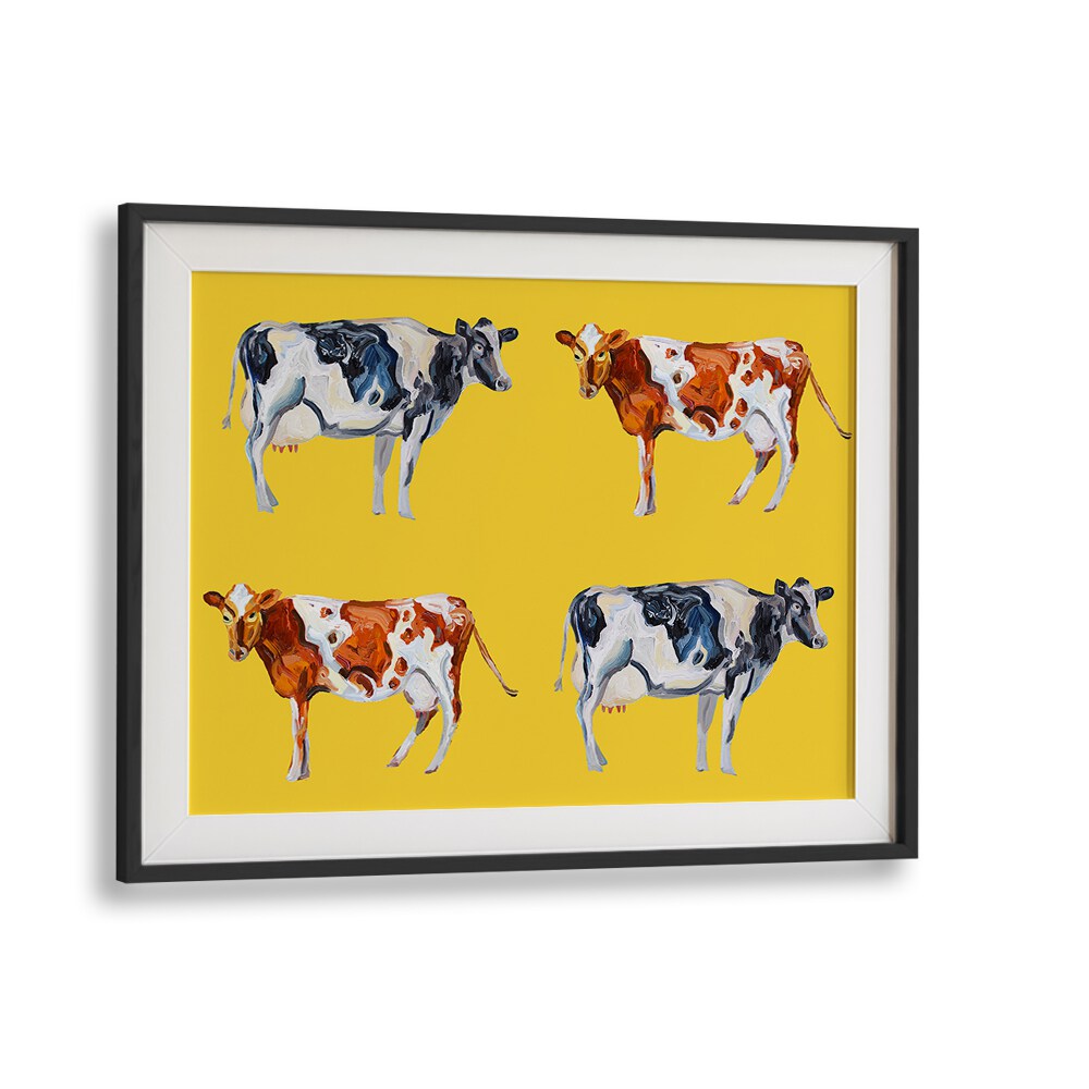 Cow Art on Yellow by Alice Straker Wildlife Paintings Wildlife Posters in Black Frame With Mount