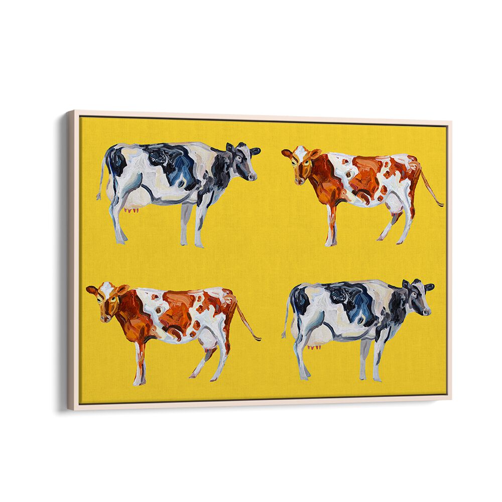 Cow Art on Yellow by Alice Straker Wildlife Paintings Wildlife Posters in Oak Wood Floater Frame