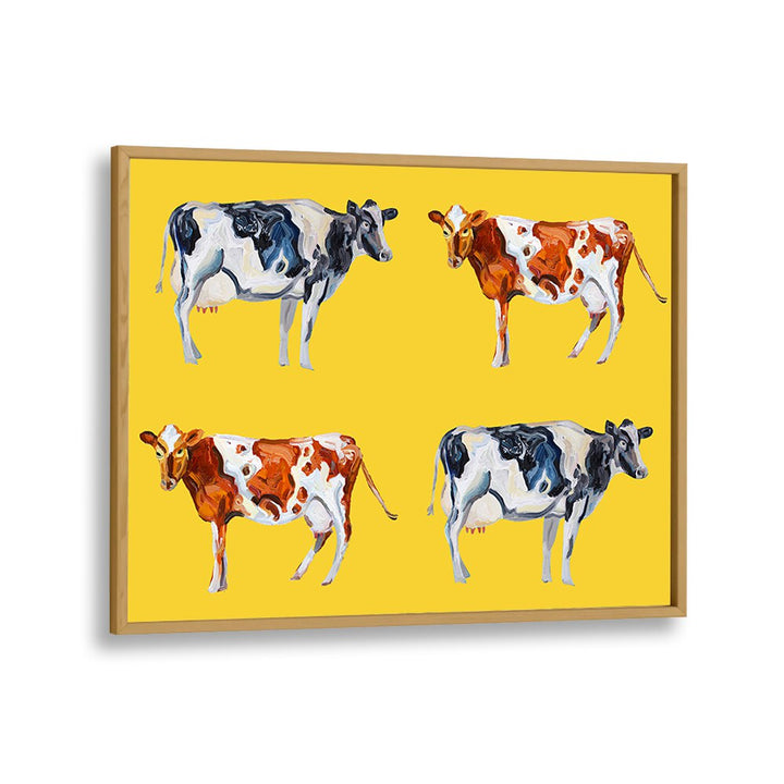 Cow Art on Yellow by Alice Straker Wildlife Paintings Wildlife Posters in Oak Wood Plain Frame