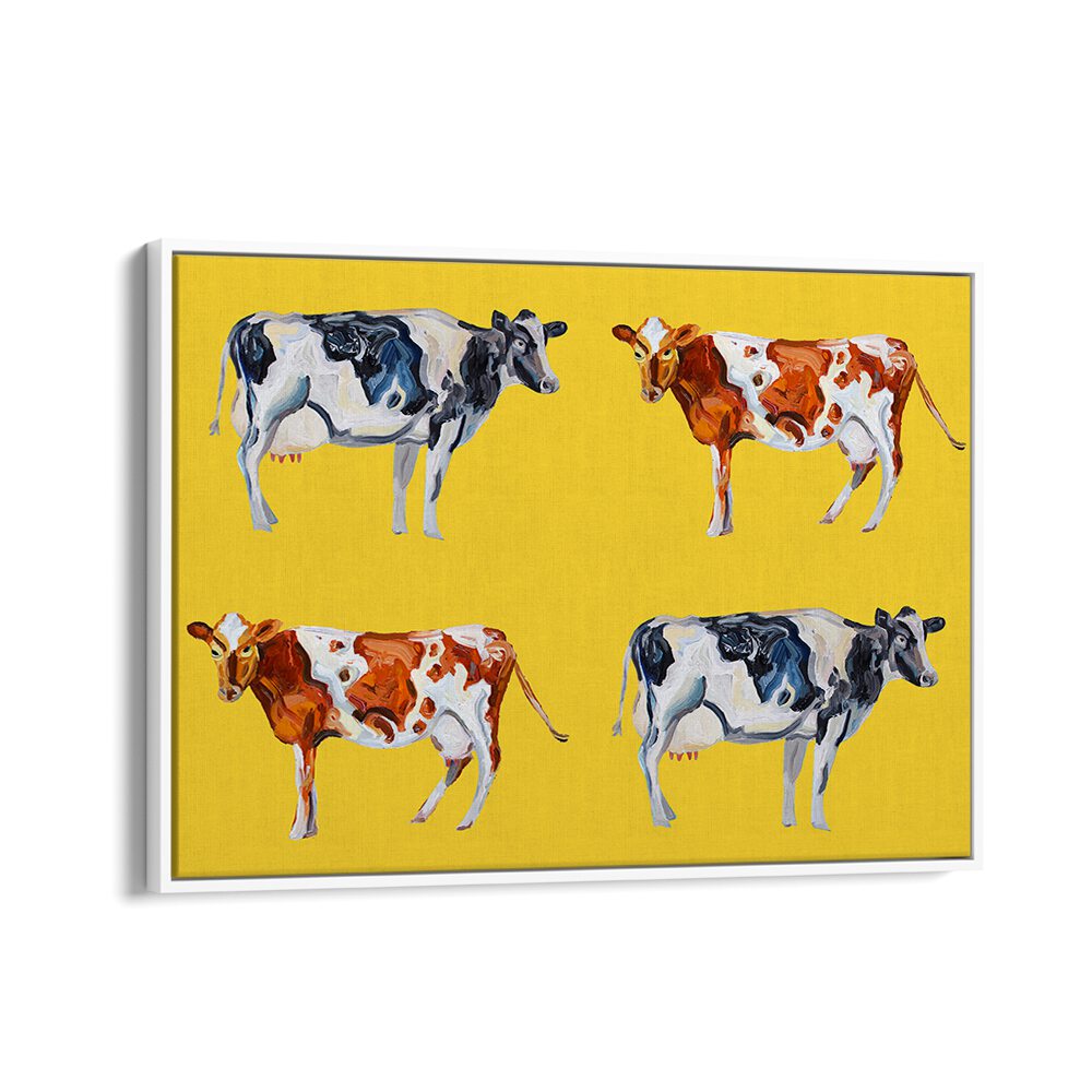 Cow Art on Yellow by Alice Straker Wildlife Paintings Wildlife Posters in White Floater Frame