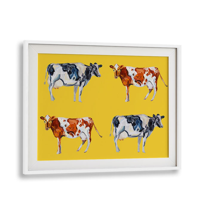 Cow Art on Yellow by Alice Straker Wildlife Paintings Wildlife Posters in White Frame With Mount