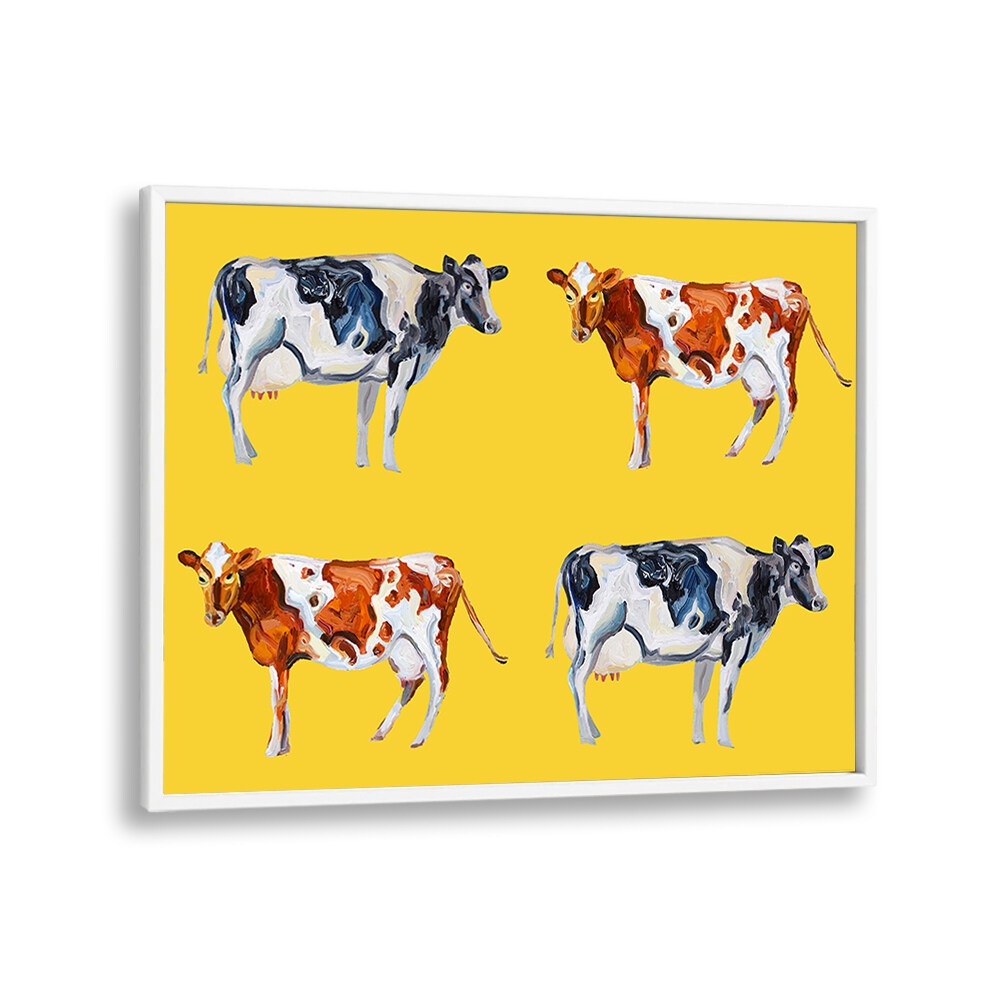 Cow Art on Yellow by Alice Straker Wildlife Paintings Wildlife Posters in White Plain Frame