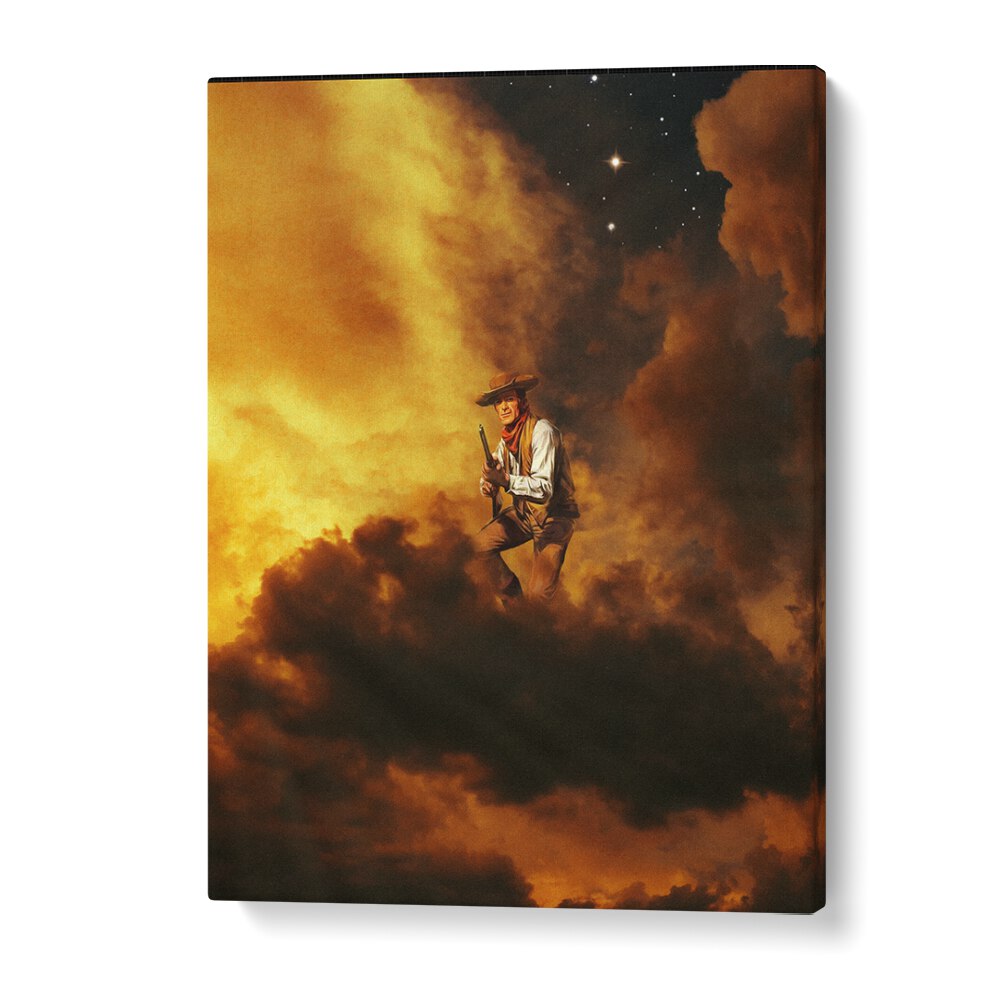 COWBOY I, SURREAL ART PRINTS by Taudalpoi features a cowboy amidst vibrant clouds, perfect for any art lover's space.